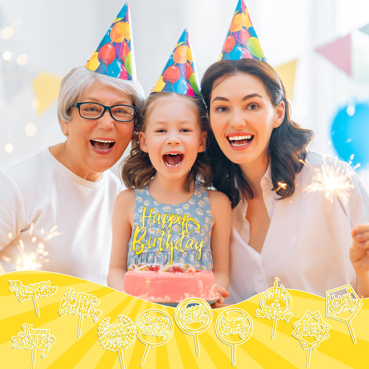 Outus happy birthday toppers heart design, gold tone, charming topper for festive displays.