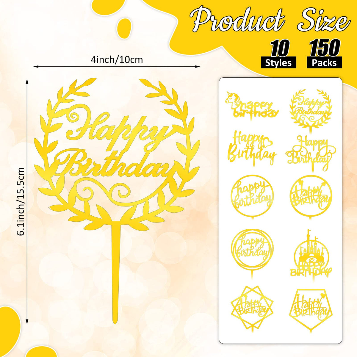 Outus happy birthday toppers unicorn design, gold tone, whimsical focal point for celebrations.