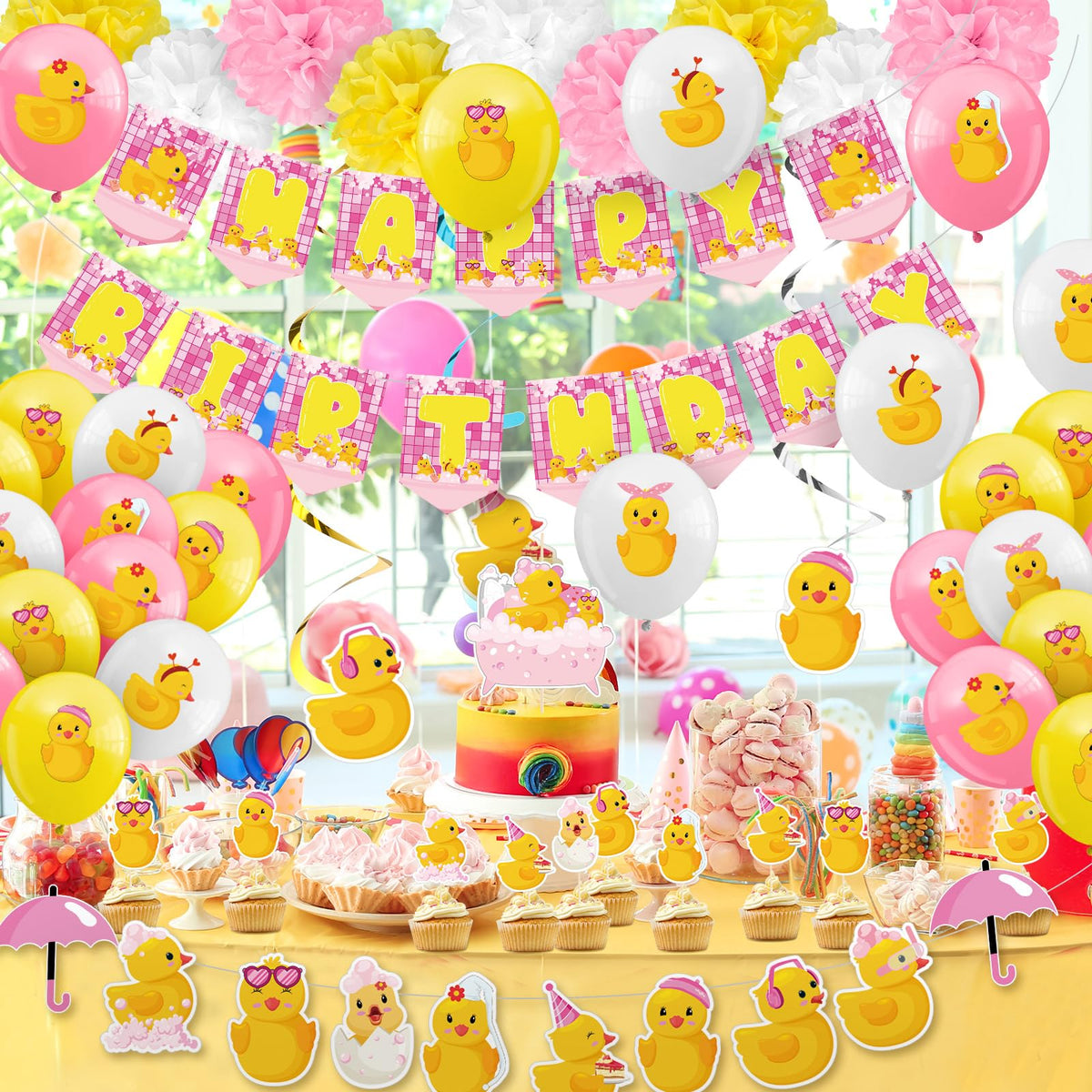 Outus latex balloons in three colors embellish banners and tables.