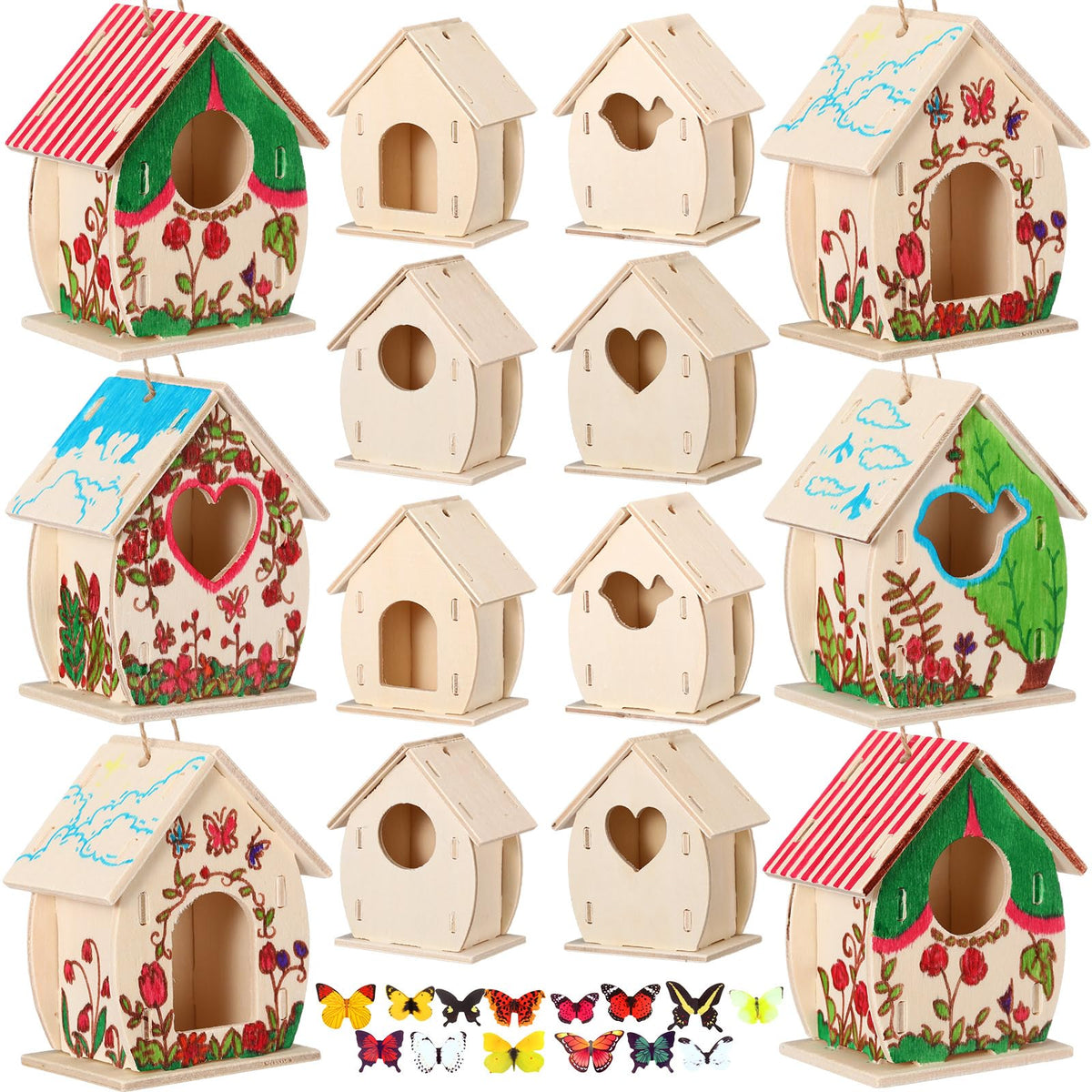 Outus packaging includes 24 birdhouses and 38 butterfly stickers for projects