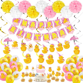 Outus pink duck birthday banner creates a festive focal point for the party.