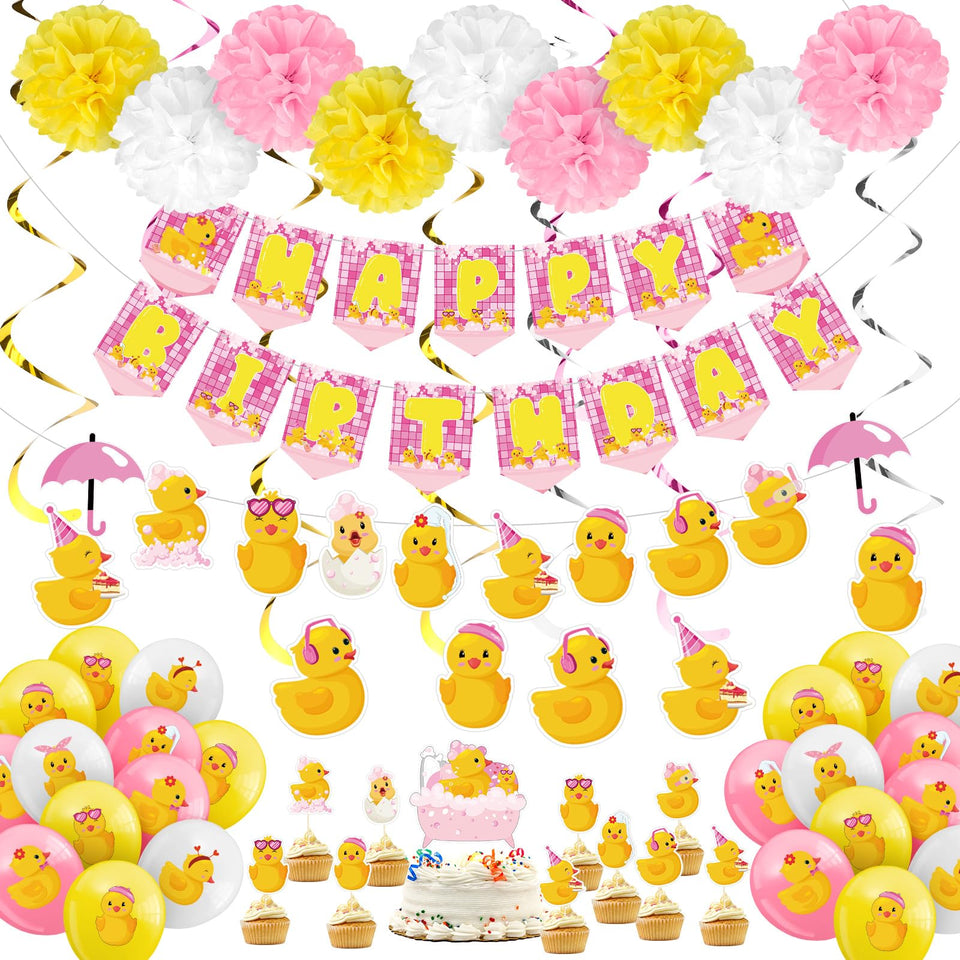 Outus pink duck birthday banner creates a festive focal point for the party.