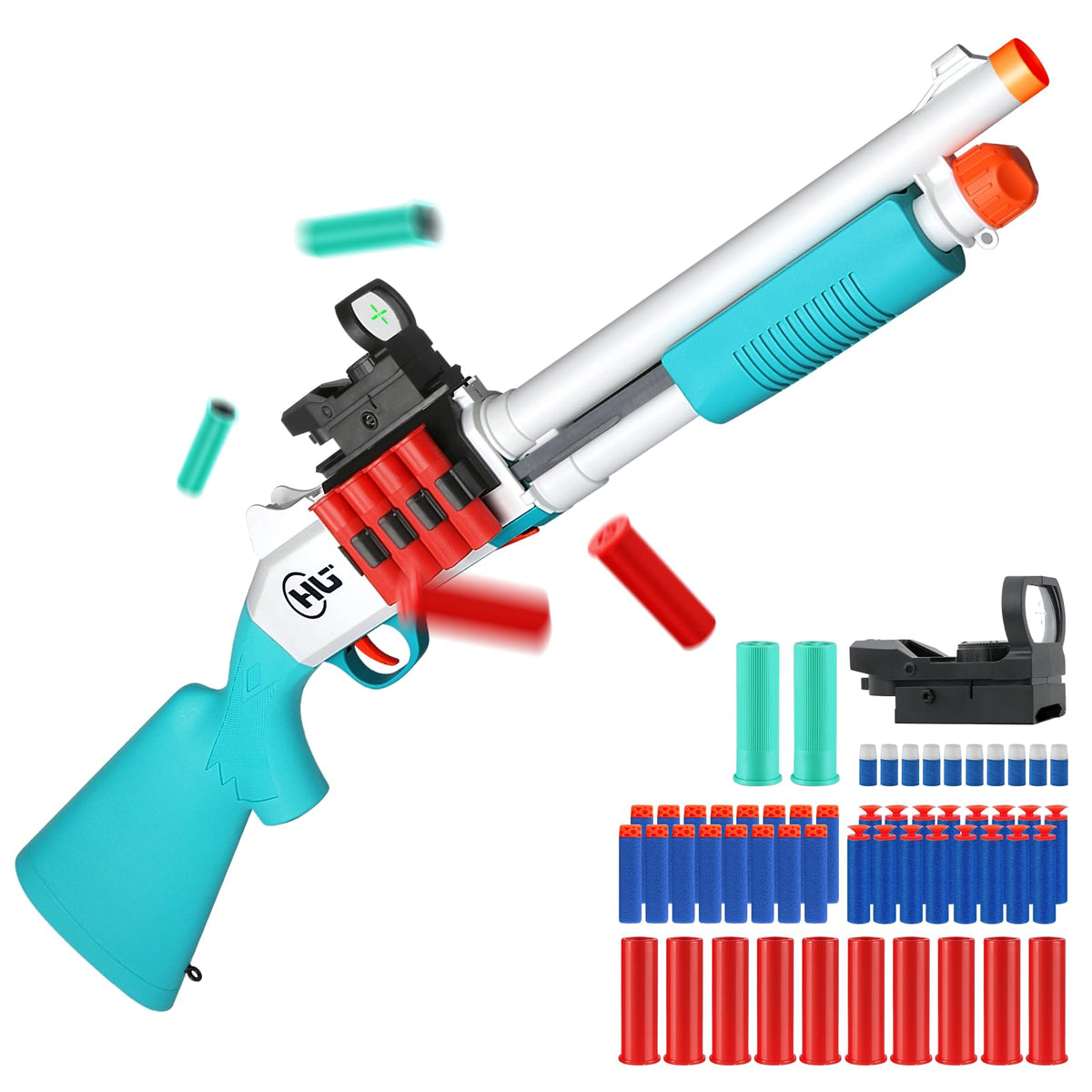 Ouzhimanxing foam blasters showcase jumping shell design in blue-green, ideal for active games.