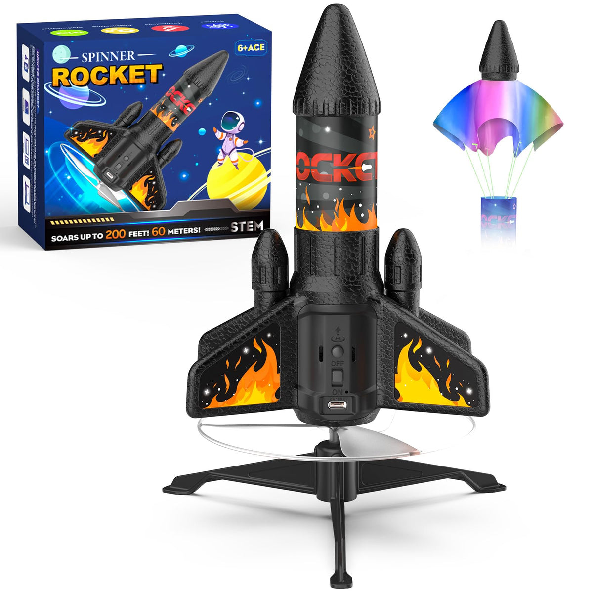 Ovaasy Rocket Launcher orange lifts off outdoors for STEM play