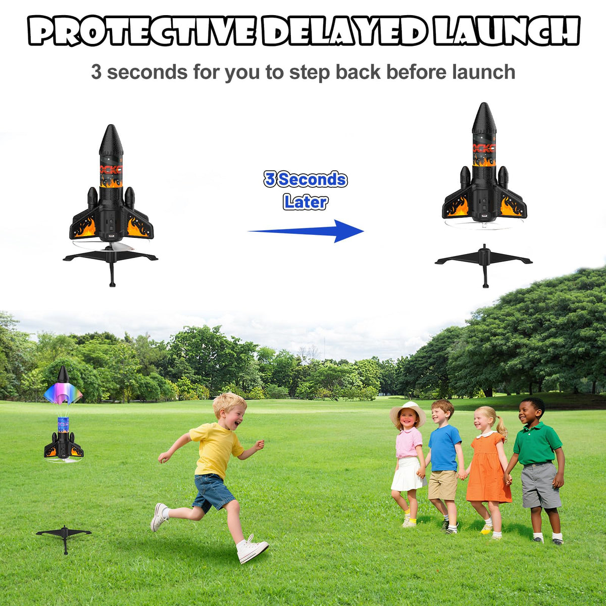 Ovaasy orange rocket with safety parachute retrieves gently after landings