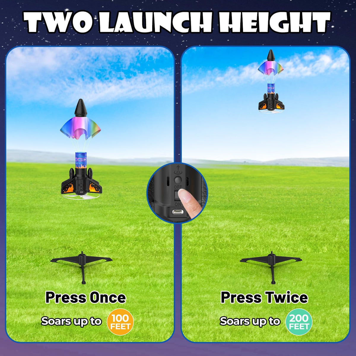 Ovaasy Rocket Launcher orange shows two launch heights for flexible fun