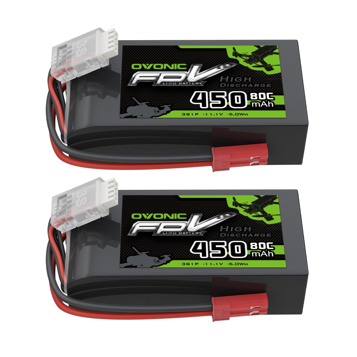 OVONIC 11.1V 450mAh 3S battery front view showing compact size and high-thrust potential
