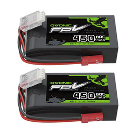 OVONIC 11.1V 450mAh 3S battery front view showing compact size and high-thrust potential