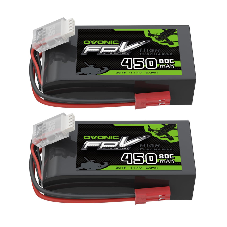 OVONIC 11.1V 450mAh 3S battery front view showing compact size and high-thrust potential
