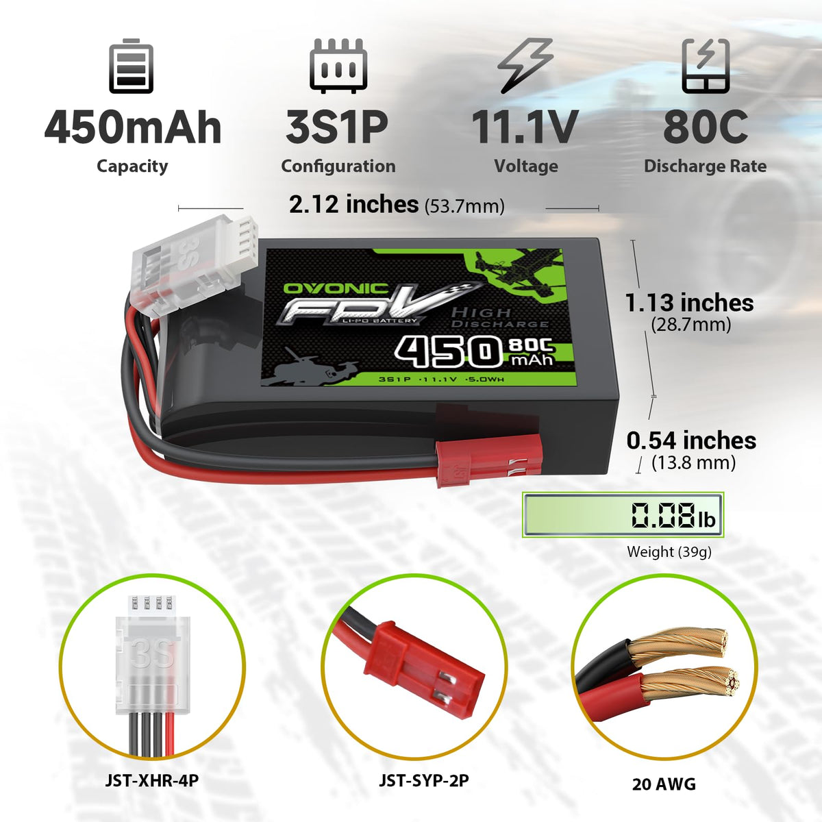 OVONIC 11.1V 450mAh 3S battery top view highlights slim profile for tight fits