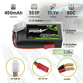 OVONIC 11.1V 450mAh 3S battery top view highlights slim profile for tight fits