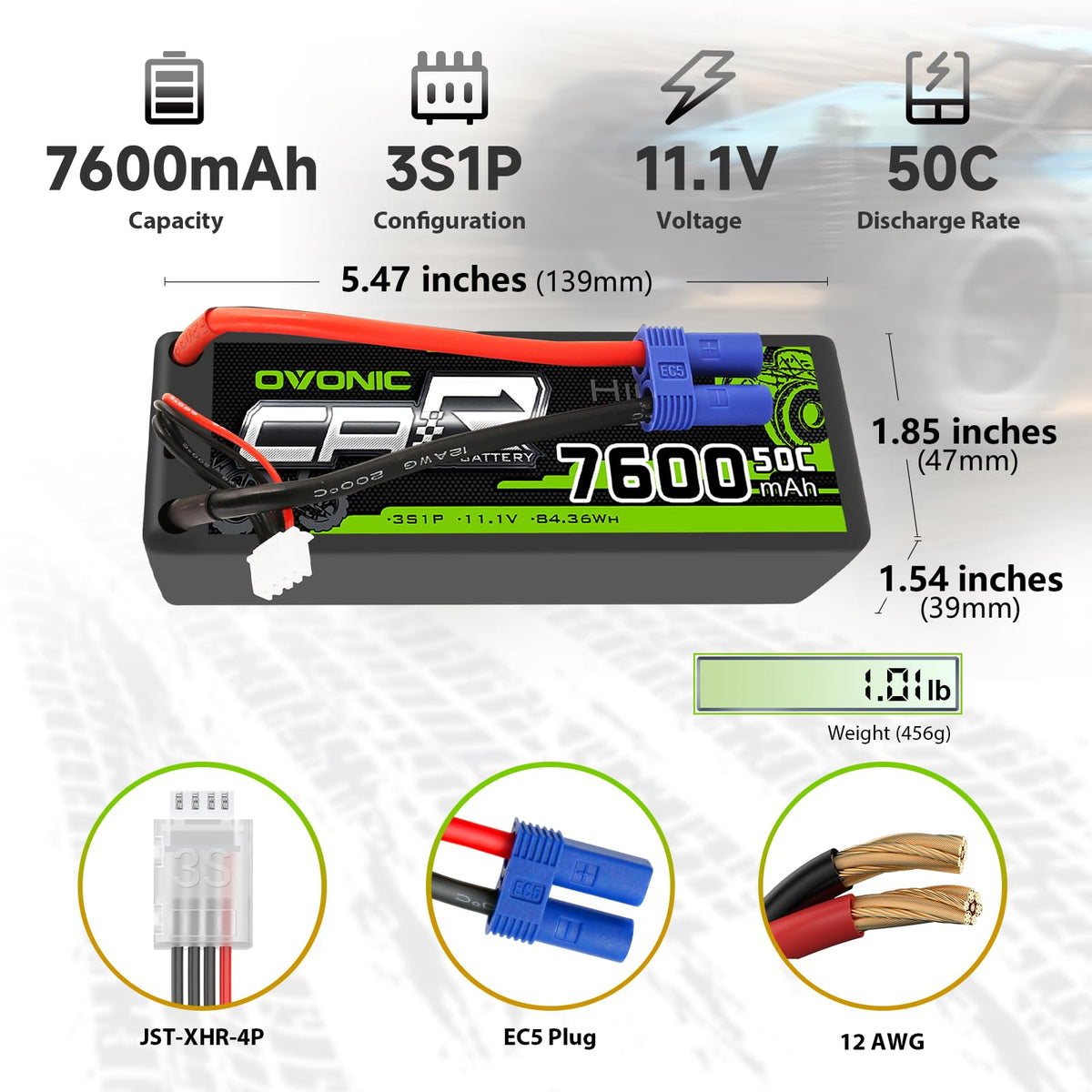 OVONIC 11.1V 7600mAh LiPo with EC5 plug for quick RC connections.