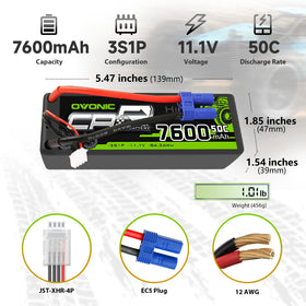OVONIC 11.1V 7600mAh LiPo with EC5 plug for quick RC connections.