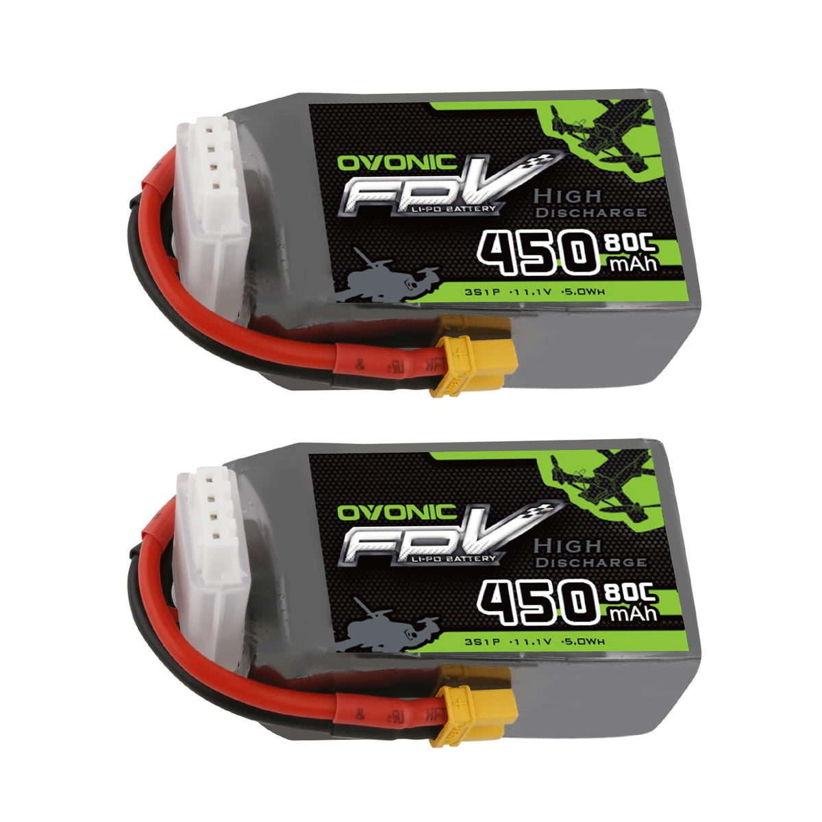 OVONIC 11.1V 80C 450mAh battery with XT30 plug, front view.