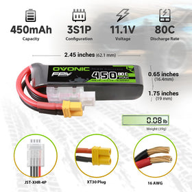 OVONIC LiPo battery with XT30 side view for easy plug in and swaps