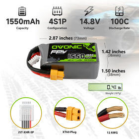 OVONIC 14.8V 1550mAh pack shown with precise dimensions for tight quad fits.