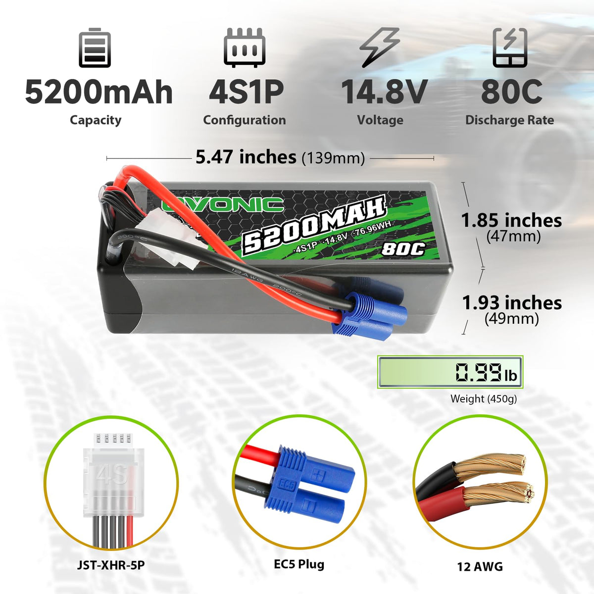 OVONIC 14.8V 4S LiPo battery dimensions fit Arrma chassis
