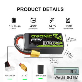 OVONIC 14.8V 4S LiPo battery side profile highlighting compact size for drone use.