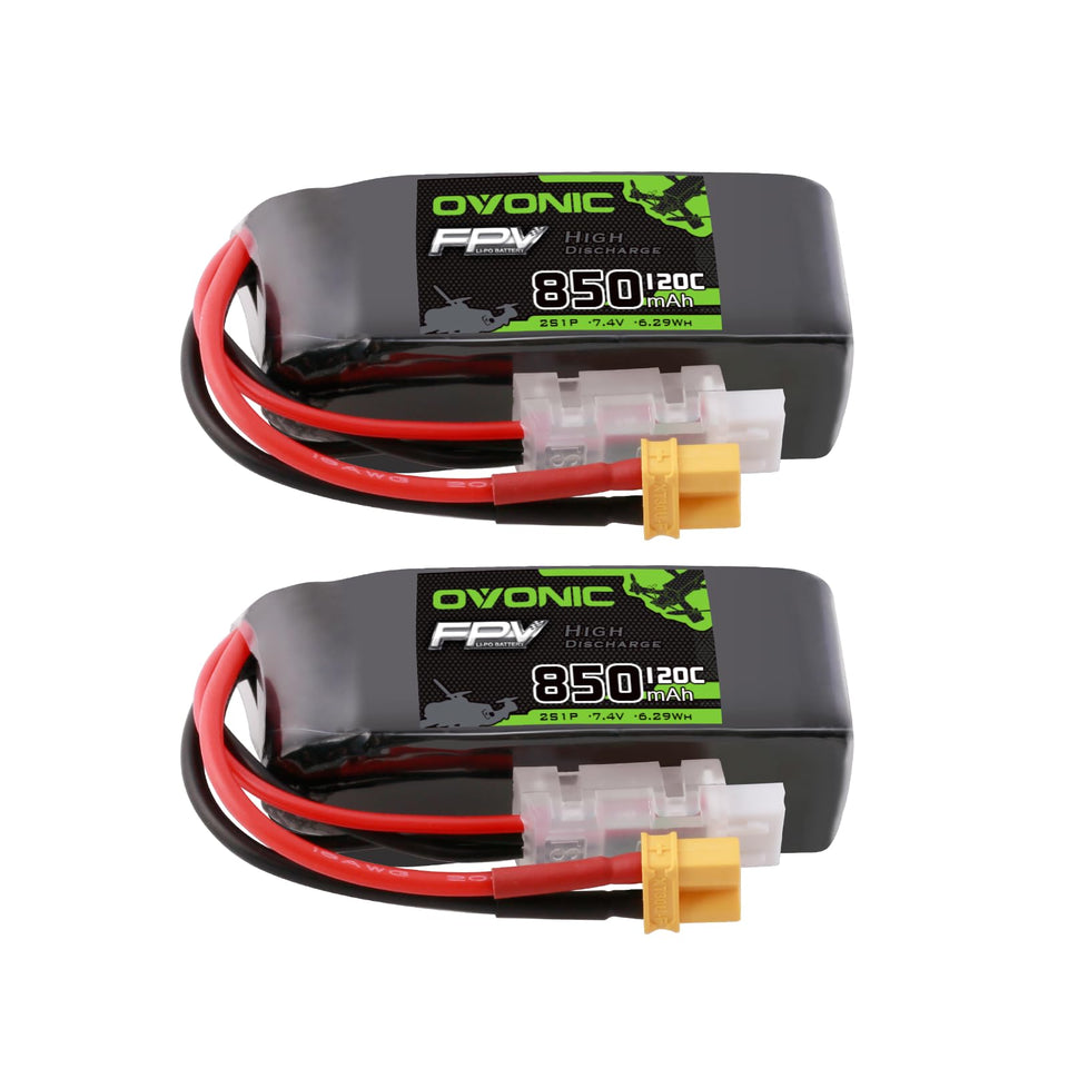 OVONIC 2S 850mAh 7.4V LiPo battery with XT30 pair for longer run time.