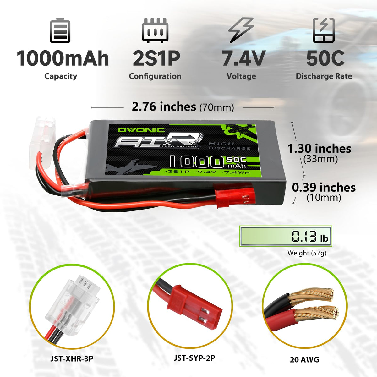 OVONIC 2S LiPo 50C label indicating high discharge capability for endurance