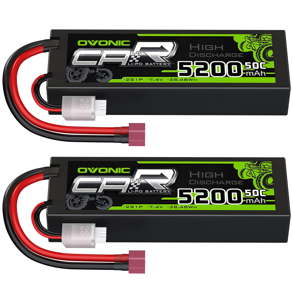 OVONIC 2S LiPo battery front view, compact design for longer run times in RC cars