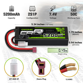 OVONIC 2S LiPo battery side view, lightweight and fits tight spaces in RC trucks