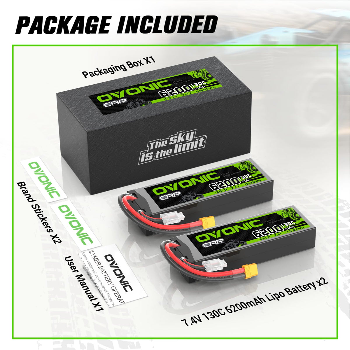 OVONIC 2S LiPo 6200mAh package contents layout batteries stickers manual