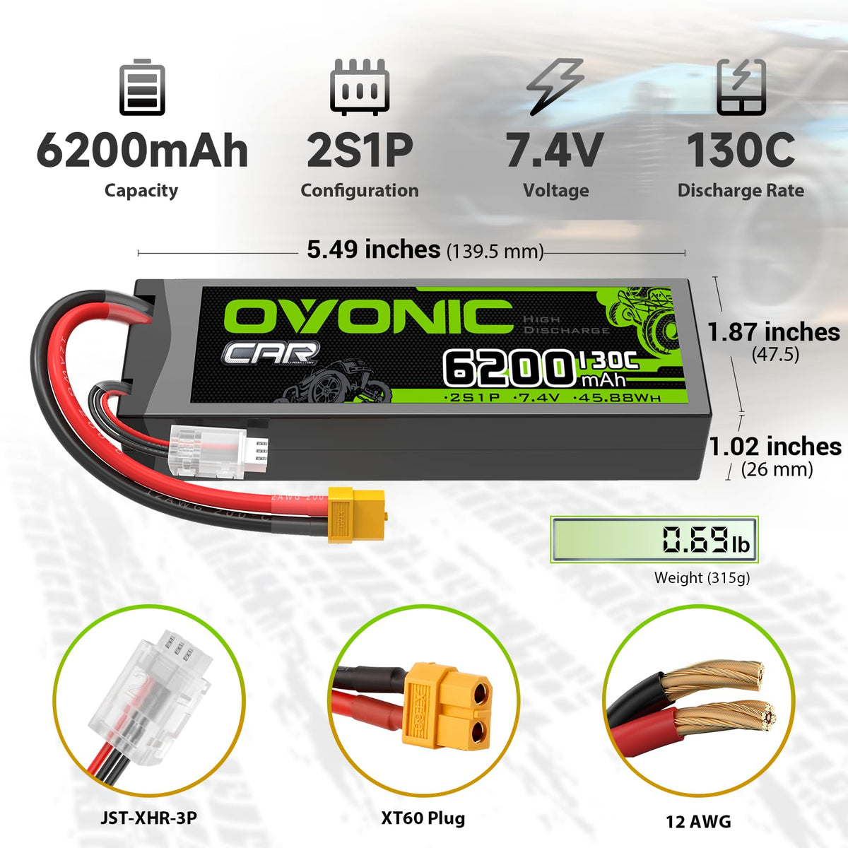 OVONIC 2S LiPo 6200mAh side view showing slim profile for tight builds
