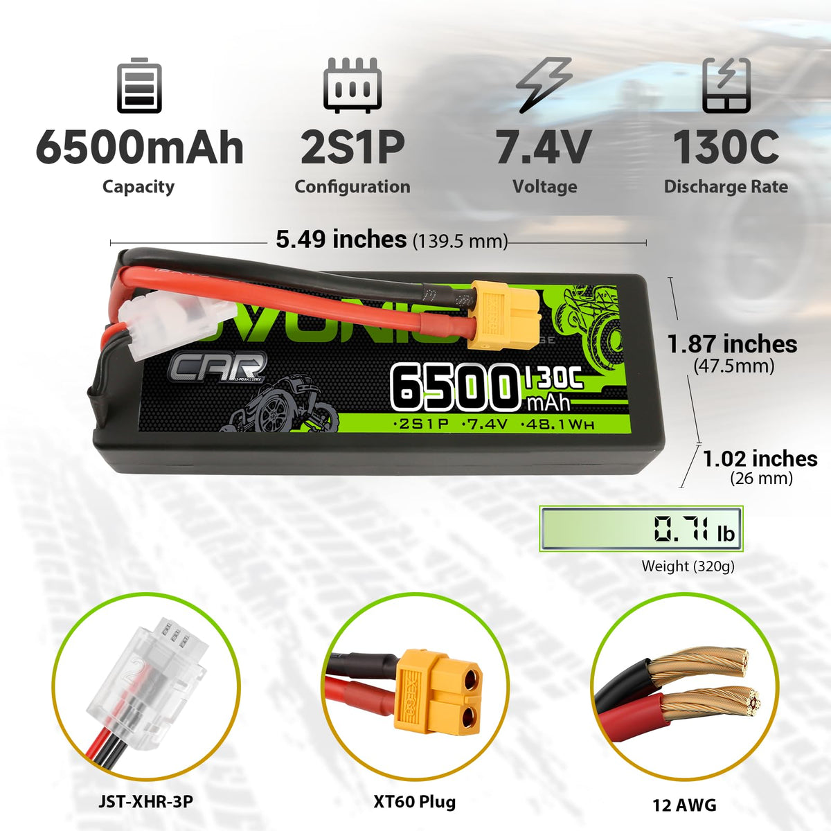 OVONIC 2S LiPo battery side view with compact form factor