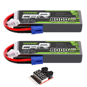 OVONIC 2S LiPo battery with EC5 connector offering reliable high-current power for RC models.