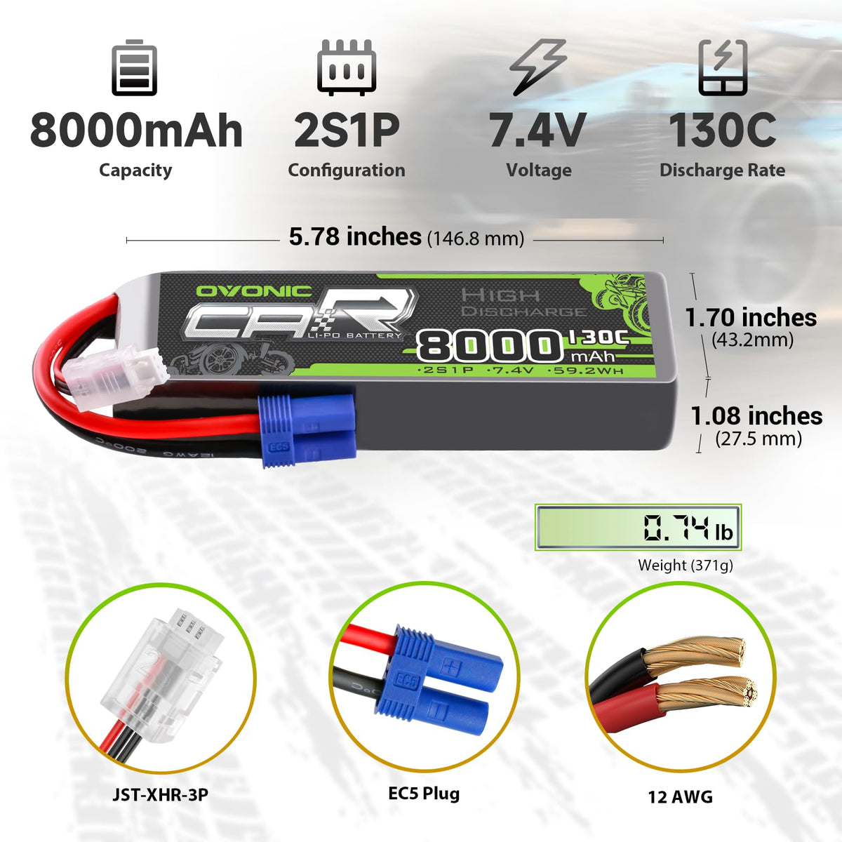 OVONIC 8000mAh 7-4V pack enabling long RC sessions with quick bursts.