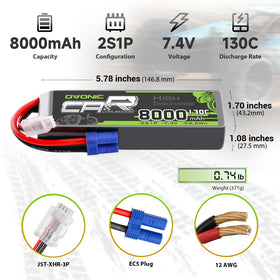 OVONIC 8000mAh 7-4V pack enabling long RC sessions with quick bursts.