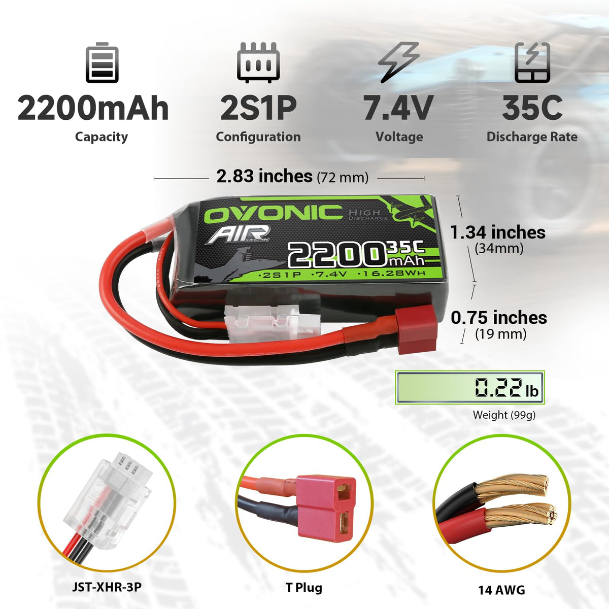 Compact OVONIC 2S 2200mAh battery dimensions view