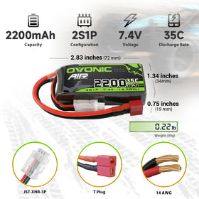Compact OVONIC 2S 2200mAh battery dimensions view