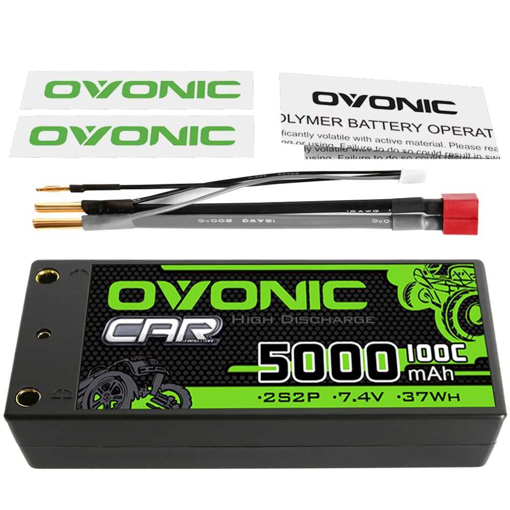 OVONIC 2S Shorty battery front view showing compact 5000mAh capacity for longer RC sessions.