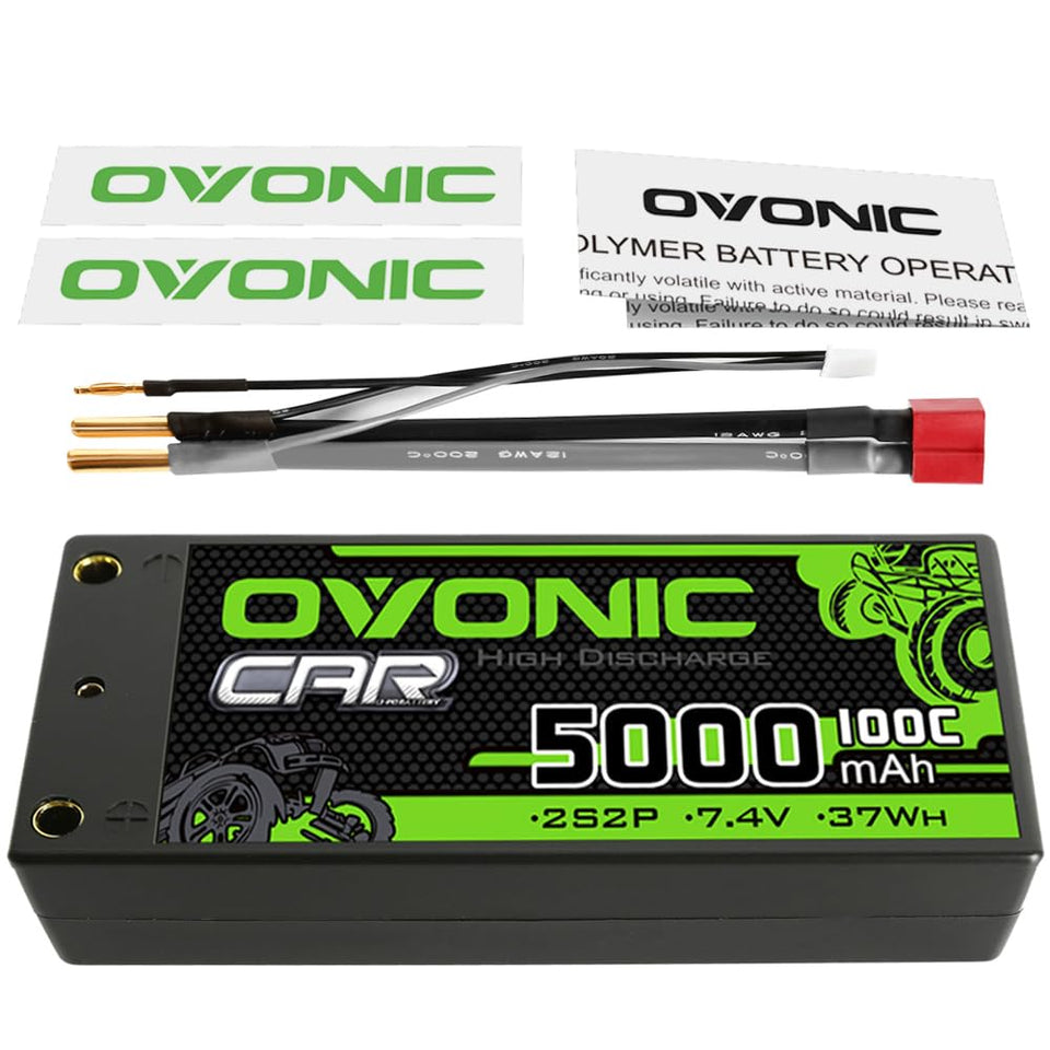 OVONIC 2S Shorty battery front view showing compact 5000mAh capacity for longer RC sessions.