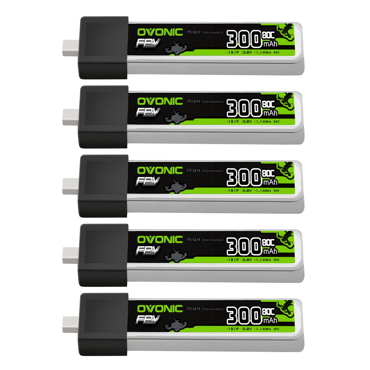 OVONIC 3.8V 80C 300mAh 1S Battery front view for high-drain micro quads.