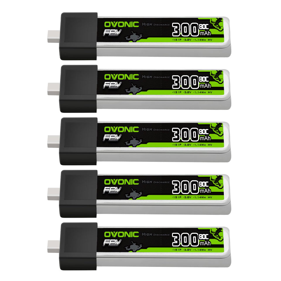 OVONIC 3.8V 80C 300mAh 1S Battery front view for high-drain micro quads.