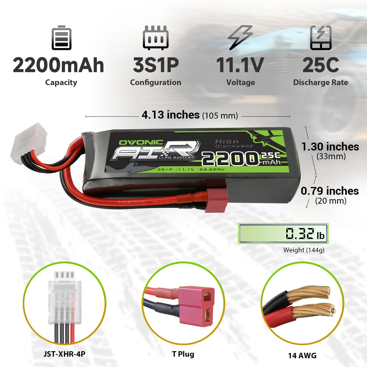OVONIC 3S LiPo battery side view shows slim profile for versatile RC models.