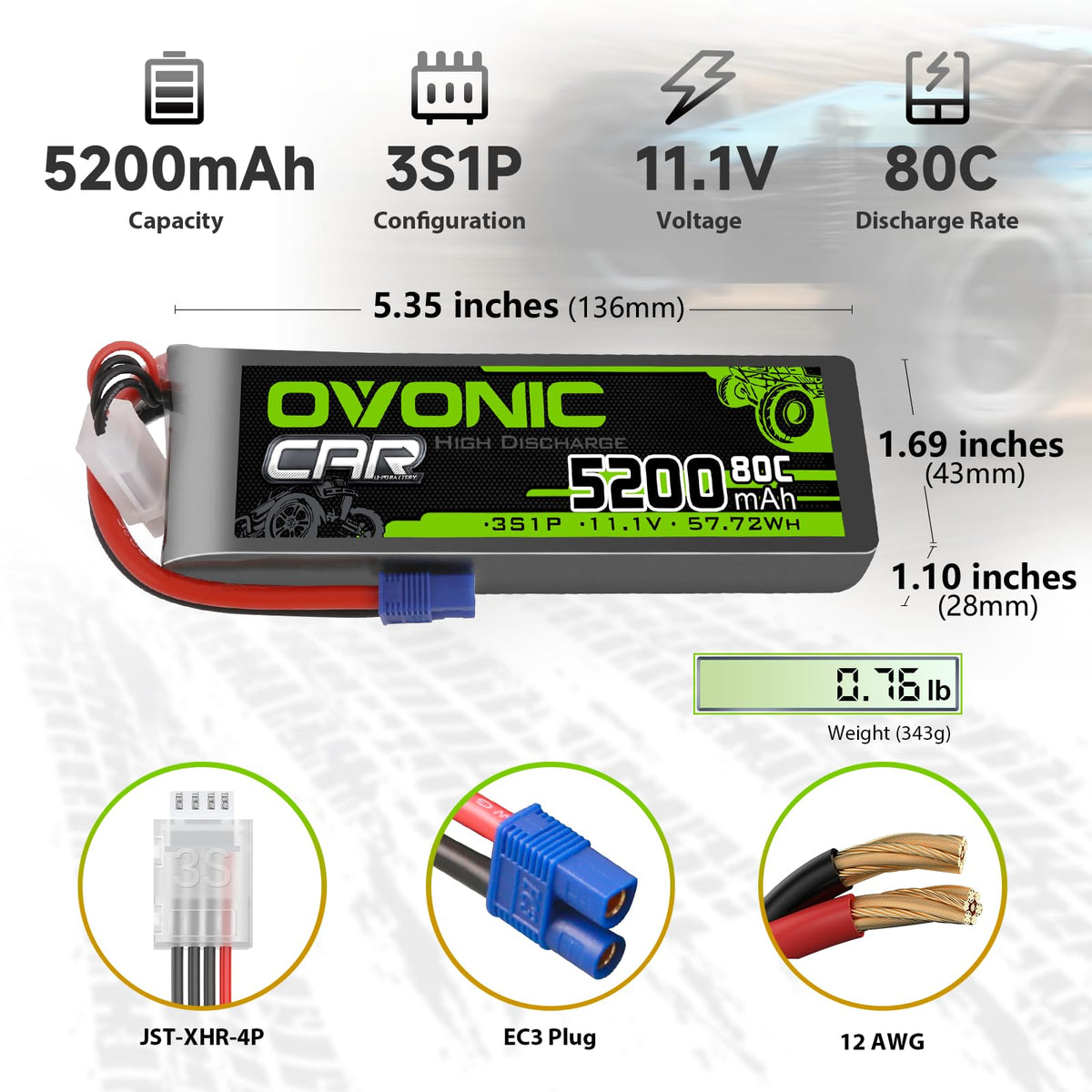 OVONIC 3S LiPo battery dimensions 134x42x27mm for compact builds.