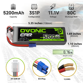 OVONIC 3S LiPo battery dimensions 134x42x27mm for compact builds.