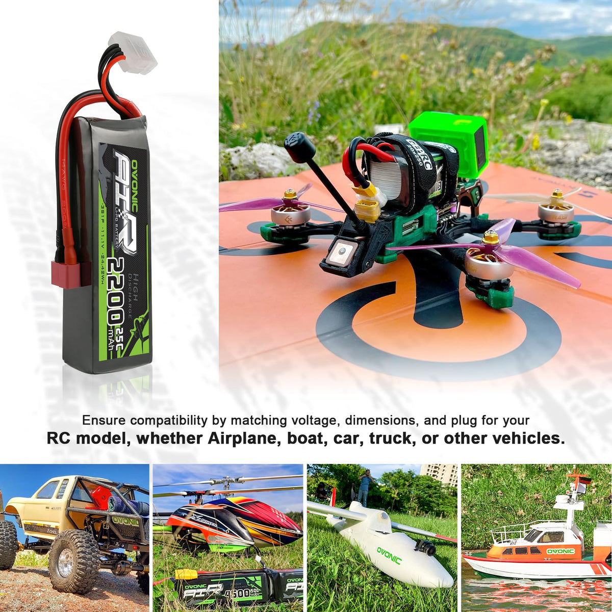 OVONIC 3S LiPo battery pack with contents layout for safe handling.