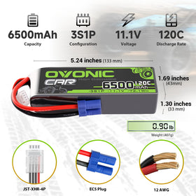 OVONIC 3S LiPo battery side profile showing 6500mAh capacity for longer runtimes.