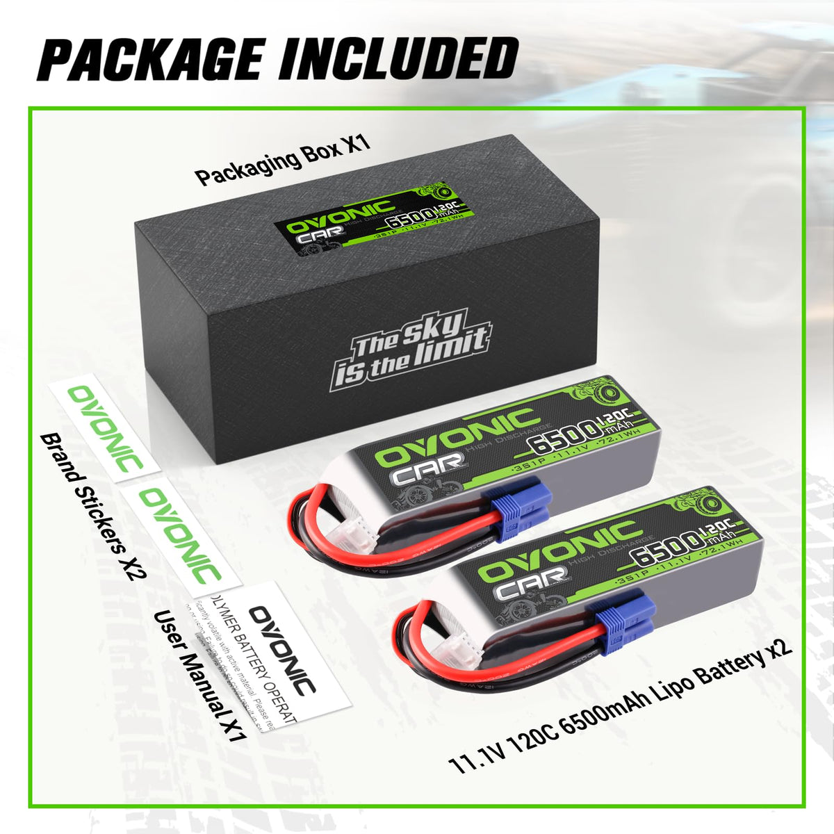 OVONIC 3S LiPo battery connected to RC plane for ready power.