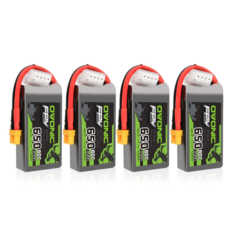 OVONIC four-pack 650mAh 3S1P 11.1V LiPo with XT30 plug for RC flight
