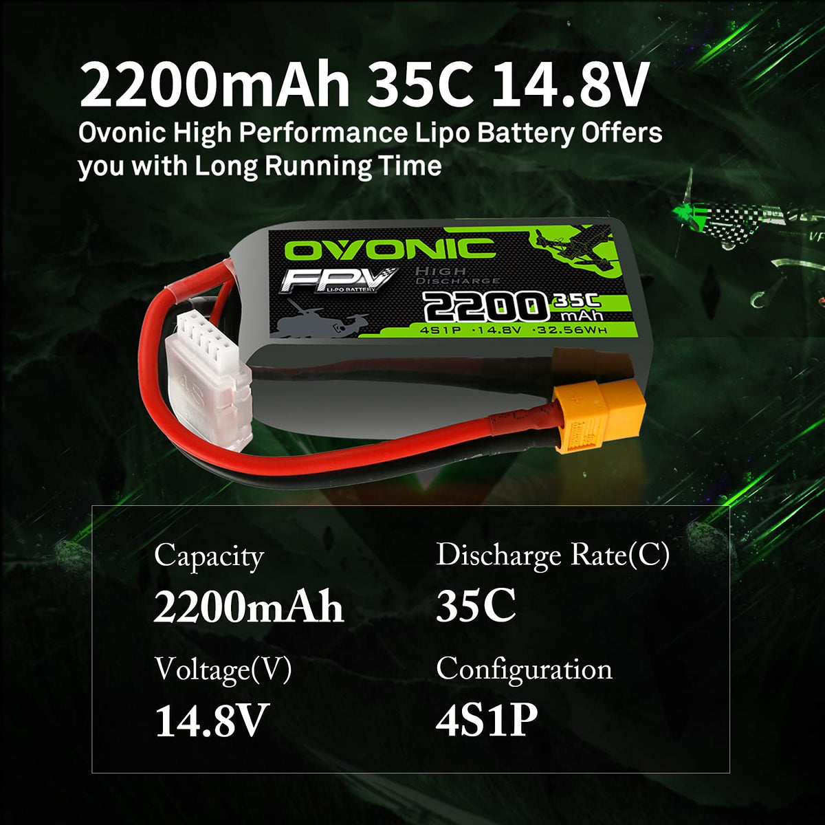 OVONIC 4S LiPo battery side profile with slim footprint.