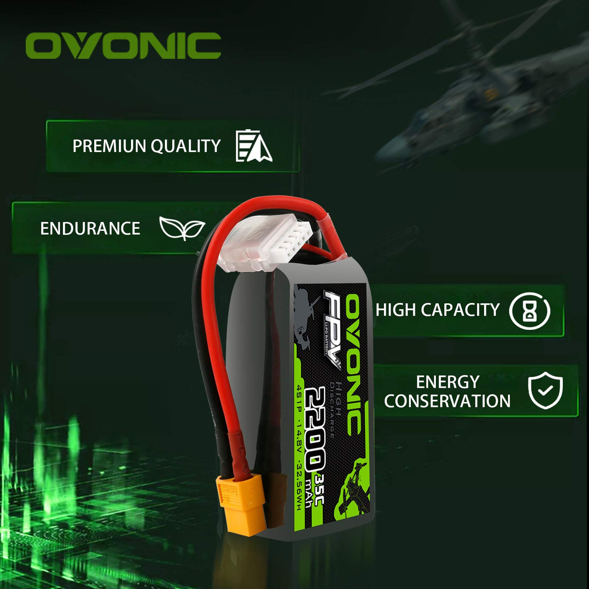 OVONIC 4S LiPo battery top view showing compact dimensions.