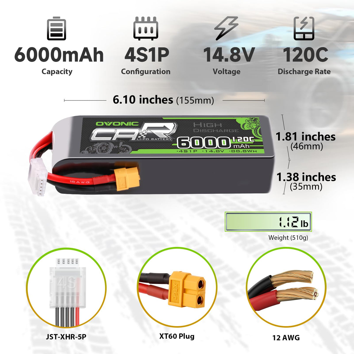 OVONIC 6000mAh 14.8V LiPo pack delivering strong power for long runs.