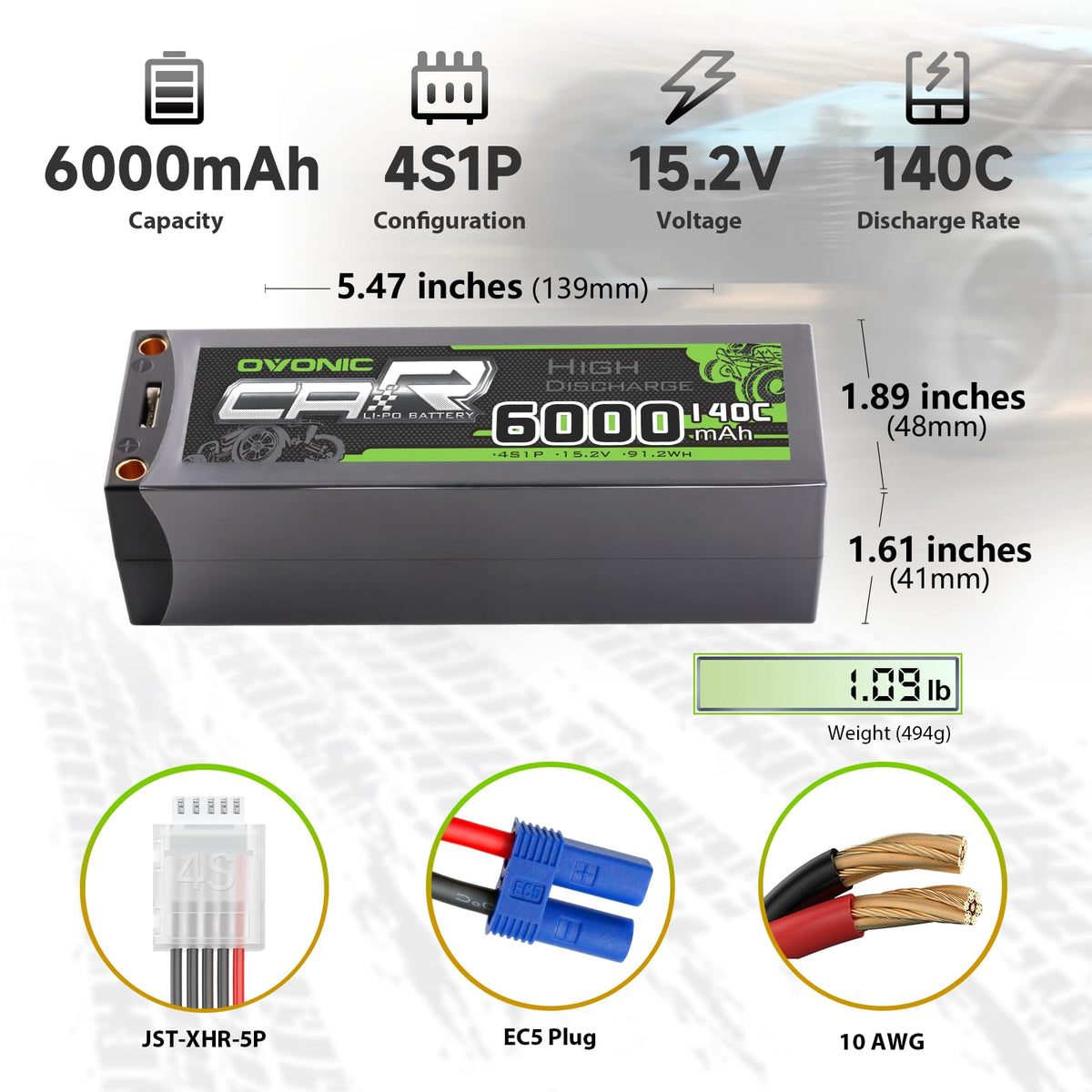 OVONIC 4S LiPo battery side EC5 connector for quick-charge readiness.