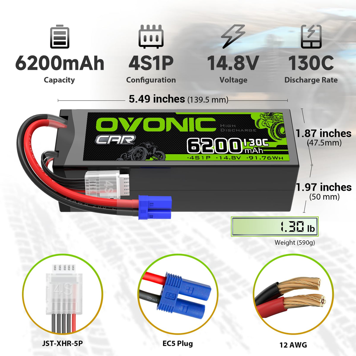 OVONIC 4S LiPo battery side label shows key specs for RC use.